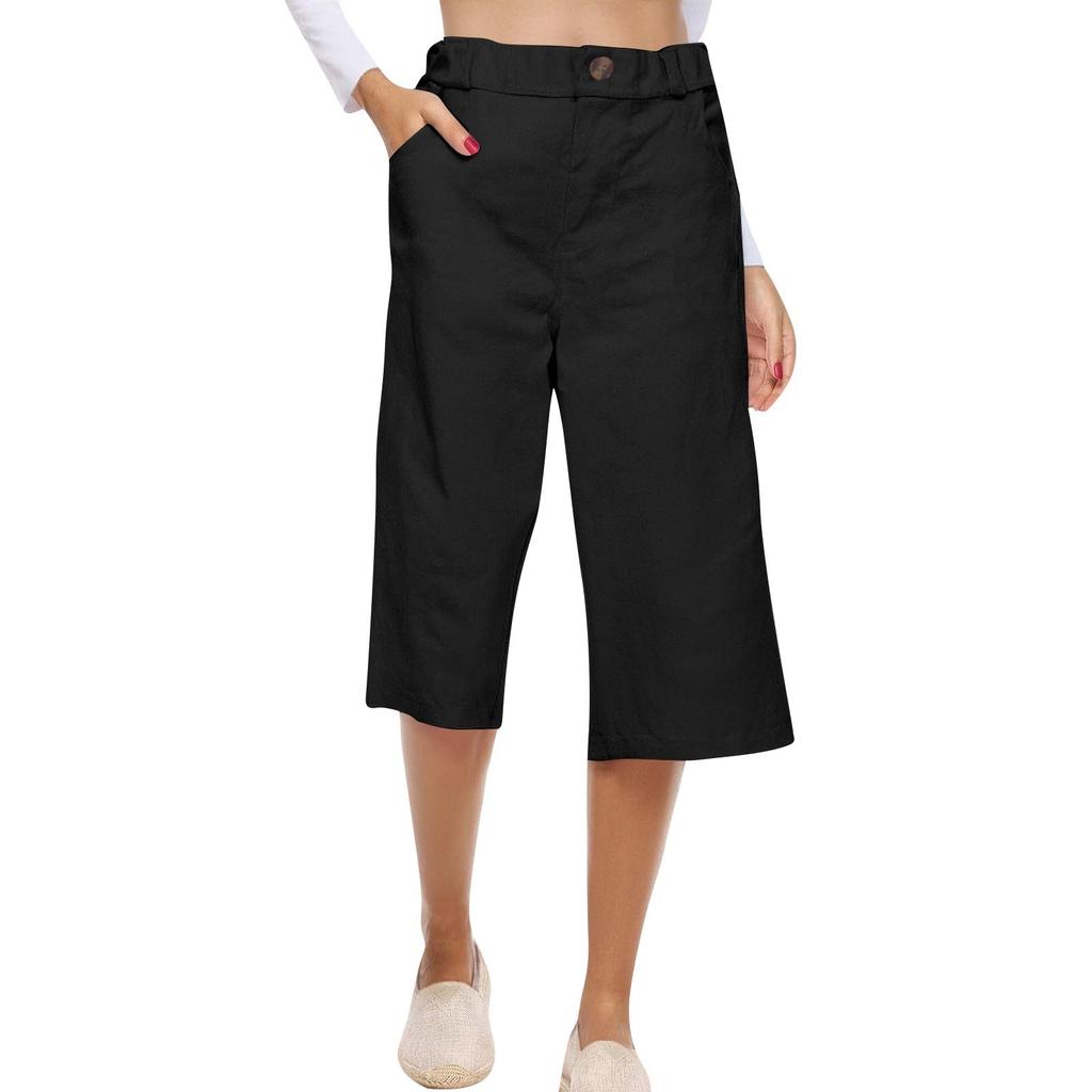 Women's Solid Color Cotton And Linen Fashionable Loose High Waist Cropped Casual Pants