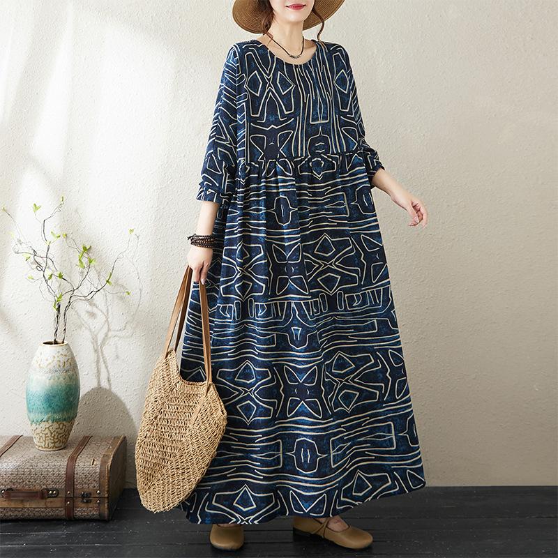 Round Neck Long Sleeve Bohemian Clothing Retro Autumn Cotton Linen Dresses Vintage Casual Floral Printed Long Dress for Women