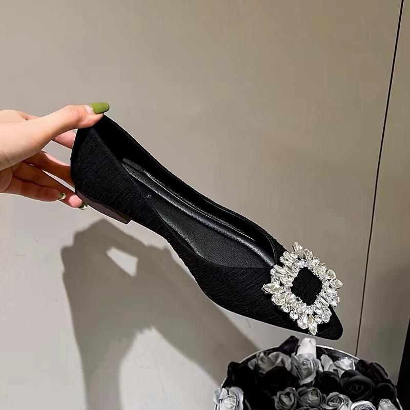 2024 New Banquet Temperament Rhinestone French Flat Shoes Women's Summer Black Pointed Shallow Grandma Shoes Boat Shoes