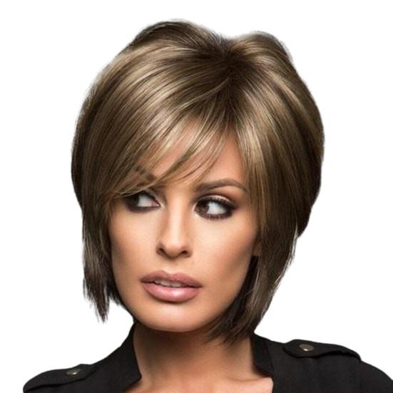 Women Short Straight Wig Wispy Bangs Natural Heat Resistant High Temperature Fiber Ladies Highlights Bobo Synthetic Hair