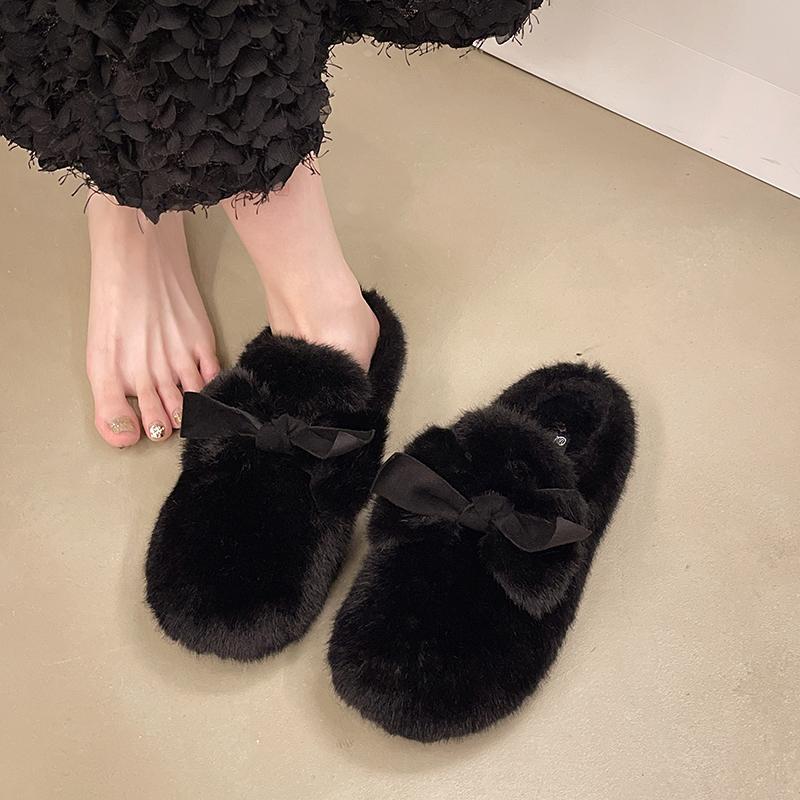 Fashion Aphixta Cute Butterfly Knot Design Solid Color Indoor Slipper Soft Warm Women Furry Mule Shoes Flat With Anti-skip Women Shoes