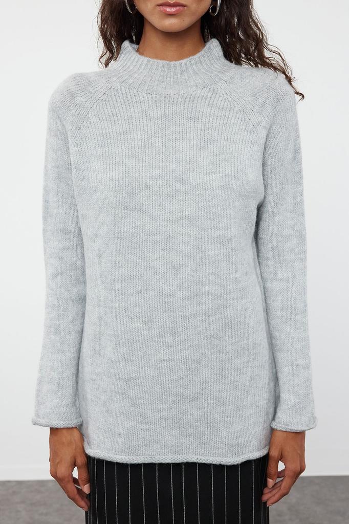 Women's Fashion Stylish Sweater Green Soft Textured Stand-Up Collar Seamless Knitwear Sweater