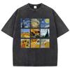 Cotton Women Washed T-Shirts Van Gogh'S Starry Night And Sunflowers Printed Tees Distressed O-Neck Oversized Tops