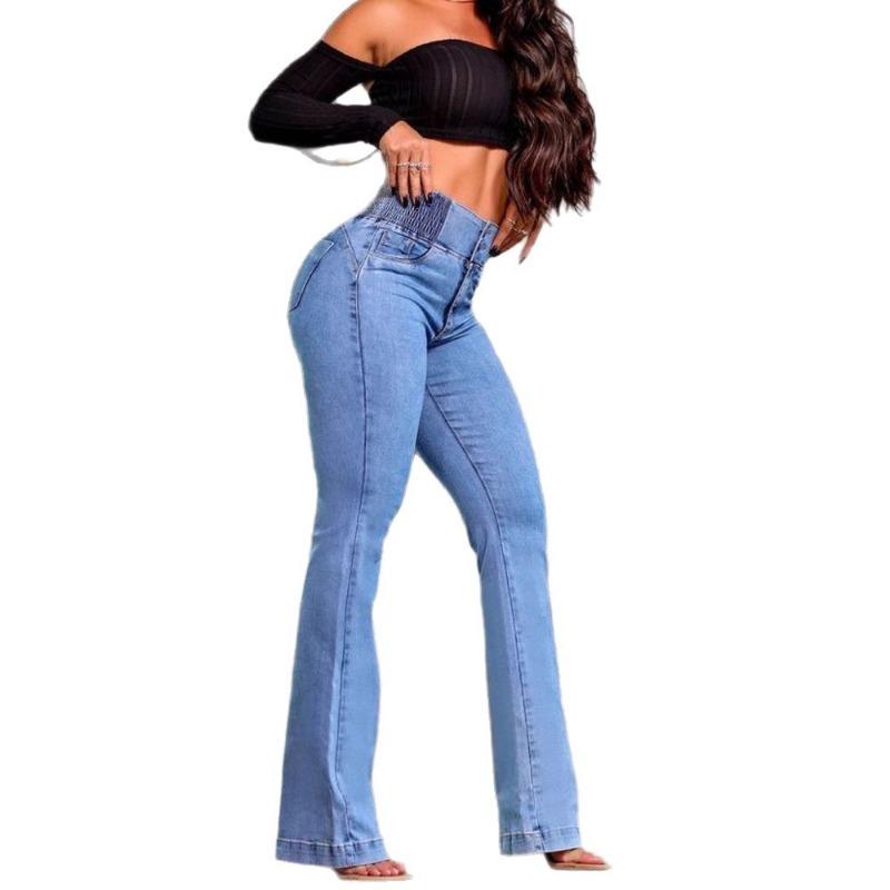High-waisted Elastic Slimming Slightly Flared and Hip-lifting Denim Trousers