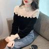 Retro Velvet Spliced Lace Shirt Spring Autumn New Women's Bottoming Top Fashion French Long Sleeve Blouse S-6XL