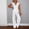 Women's White V-Neck Short Sleeve Top with Wide Leg Pants Set, Casual Elegant Outfit