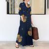 Cotton Linen Printed Lapel Long Sleeved Pocket Simple Loose Artistic Casual Long Shirt Dress