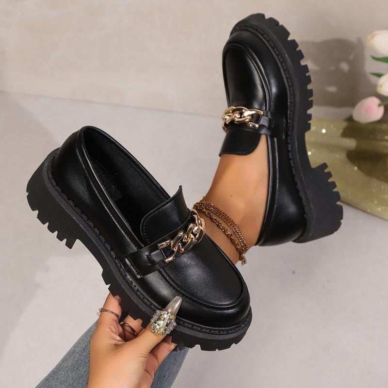 Fashion Loafers Female Shoes Women Fashion Mary Janes Round Toe Flats Oxfords Platform Casual Metal Chain Buckle Ladies Heels
