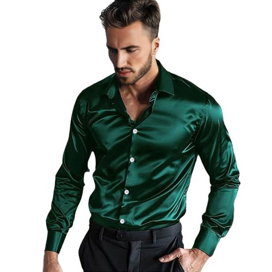 Men's Satin Glossy Shirt Solid Color Long Sleeve Smooth Dress Shirt Lapel
