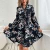 Women's Vintage Floral Print Long Sleeve V-Neck High Waist Casual Dresses