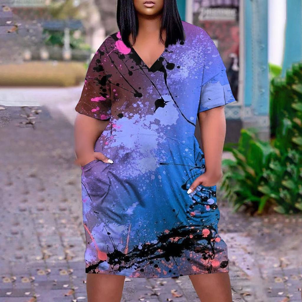 Women's Summer Plus Size V-neck Short Sleeve Print Knee Pocket Casual Dress