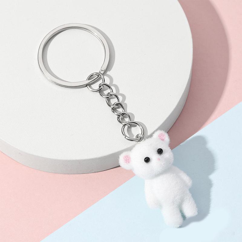 Cute 3D Flocking Kitten Small Bear Keychain Resin Cat Couple Mobile Phone Pendant Car Keyring Earphone Backpack Charms Bag Decor