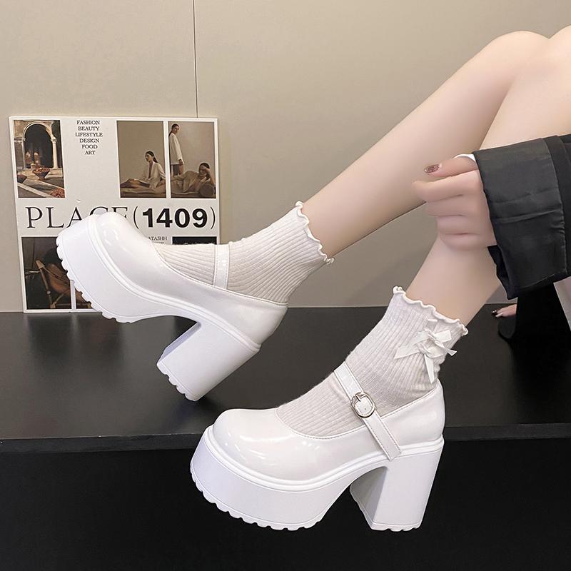 Platform High Heels Pumps Women 2025 Autumn Pu Leather Ankle Buckle Mary Jane Shoes Woman Thick Heeled White Lolita Shoes