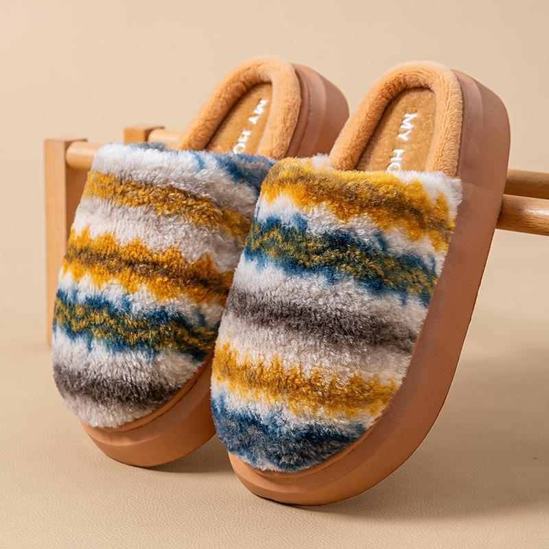 Thick-bottomed Cotton Slippers Autumn and Winter Indoor Home Fleece Warm Couple Three-color Splicing Plush Slippers