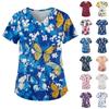 Plus Size Printed Scrub Working Uniform Tops For Women's V-Neck Short Sleeve Fun T-Shirts Workwear Tee With Pockets