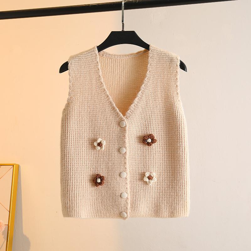 Handmade Flower-appliquéd Knitted Waistcoat Coat Fashion V-neck Vest Short Cardigan Gilet for Spring and Autumn