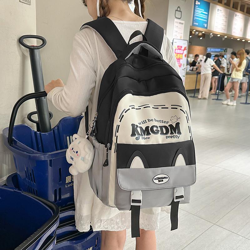 Cute Ears Cat Design Letter Line Pattern Student Backpack With Pendant Plush