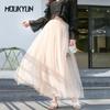 Elastic Waist 3 Layers Mesh Long Tulle Skirts Elegant Vintage High Waist Ball Gown Gauze Tutu Skirt Female Faldas