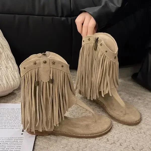 Fashion Fashion Studded Sandals Women's Shoes Flip Flops Low Heel Tassel Summer Roman Shoes Luxury Corrective Toe Clip Boots New Style