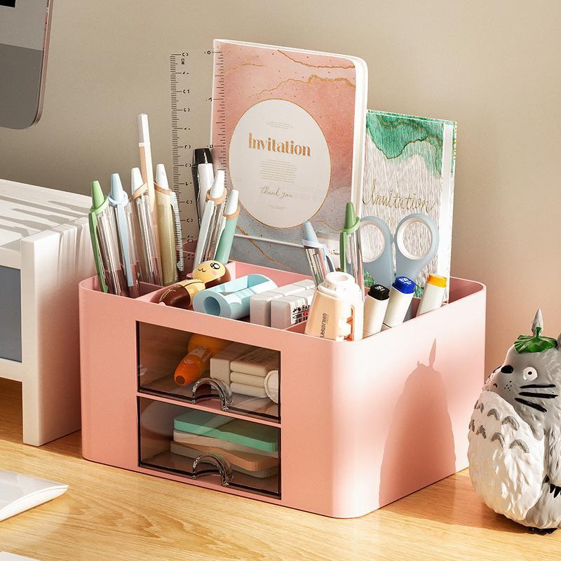 Creative Transparent Drawer Storage Box Desktop Cosmetics Organizer Student Large Capacity Pen Holder School Office Stationery Supplies