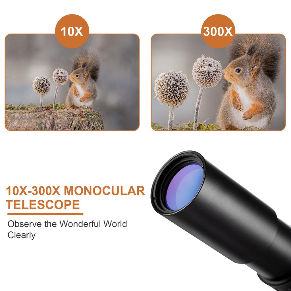 10X-300X Monocular Telescope Compact Waterproof Telescope with FMC Lens BAK4 Prism Carrying Bag