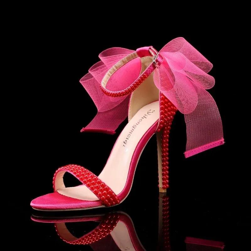 Fashion New Fish Mouth Bowknot Pearl Sandals Summer Fashion Shallow Mouth Wedding Dress Bridal Banquet High Heel Women's Single Shoes 43