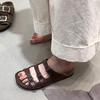 Soft Leather Version~ Retro Belt Buckle One-word Slippers Women's Flat Bottom Versatile Lazy People Wear Black Beach Shoes with One Pedal