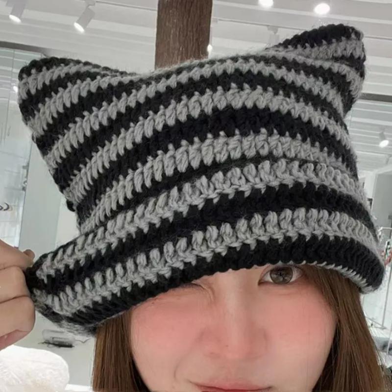 Cute Devil Horn Knitting Striped Beanie Hat Autumn Winter Knitted Wool Caps Girl Cat Ear Pointed Pullover Women Bonnet Hats