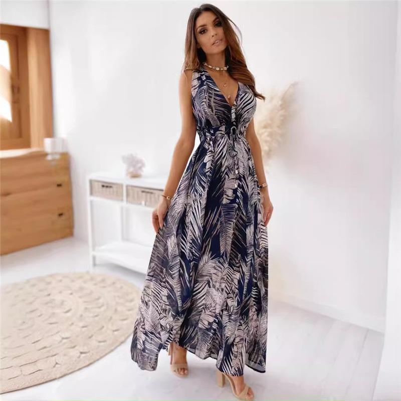 European And American Style Ladies Summer New Printed Halter Strap Dress V-neck Sleeveless Beach Vacation Casual Sun Skirt