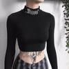Women Black Bodycon Long Sleeve Crop Tops Gothic Harajuku Letter Embroidery Vintage Solid Tops Female Casual Basic Tops