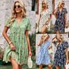 Floral Dress Women Spring Autumn V Neck Short Sleeve Loose Chic Printed