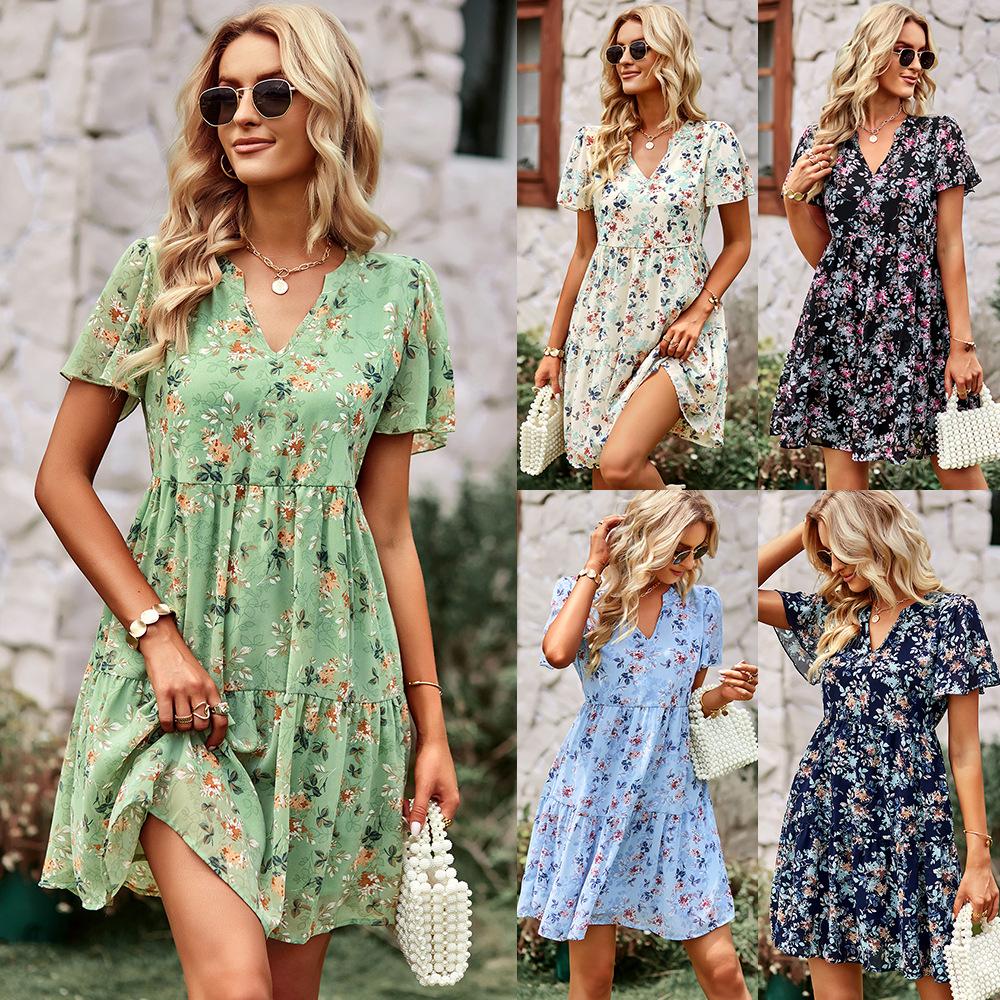 Floral Dress Women Spring Autumn V Neck Short Sleeve Loose Chic Printed