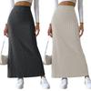 Women Skirt High Waist Knitted Elastic Thick Warm Ankle Length Striped Slim Fit Split Hem Soft Sheath Maxi Skirt