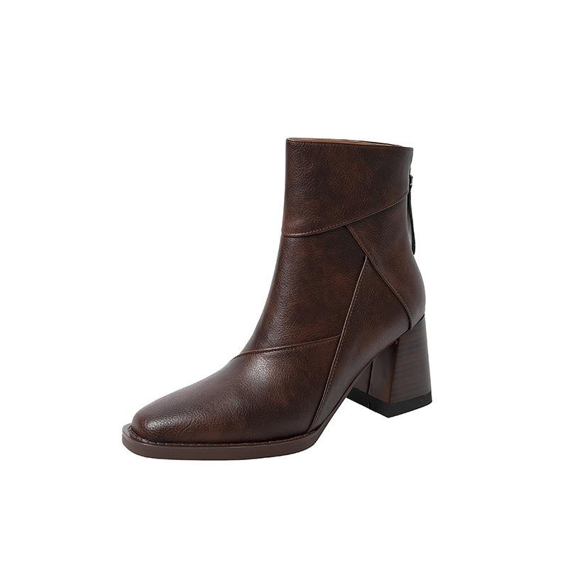 Women's Square Heel Ankle Boots Rear Zipper Retro Brown Soft Leather Short Boot Square Head Casual Sewing High Heel Women Shoes