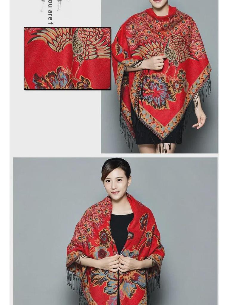 Lijiang Ethnic Style Double-Sided Phoenix Jacquard Cashmere Shawl and Scarf for Women