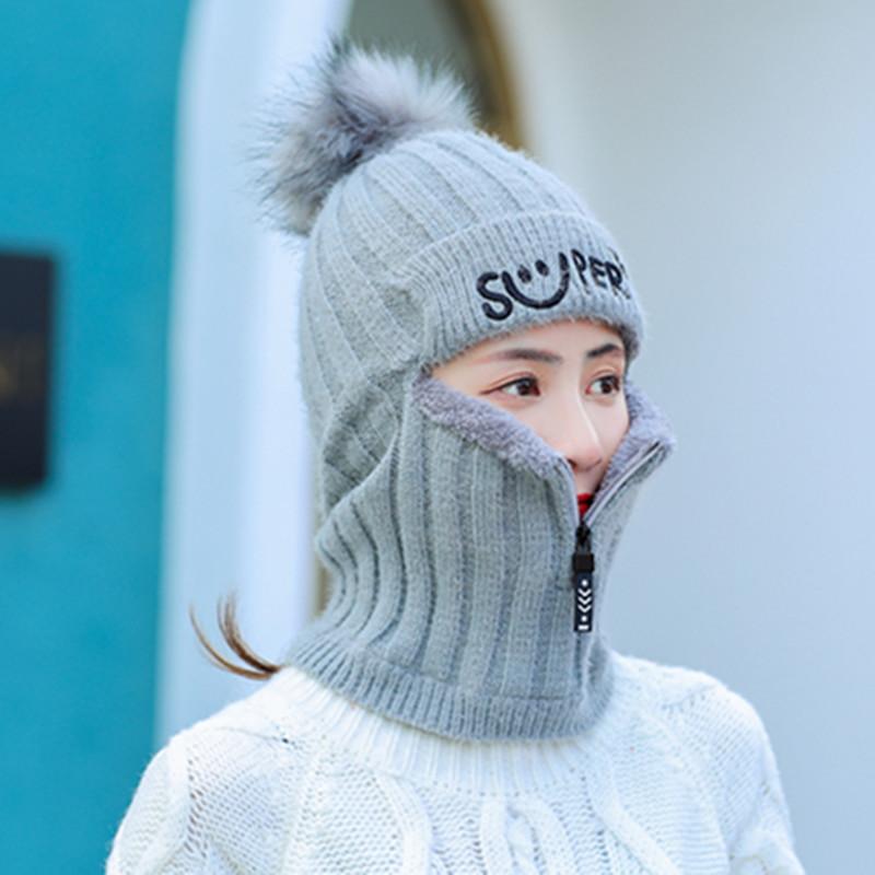 Women Winter Knitted Hat New Add Fur Lined Warm Winter Pompoms Hats For Women Keep Face Ear Warm Cap