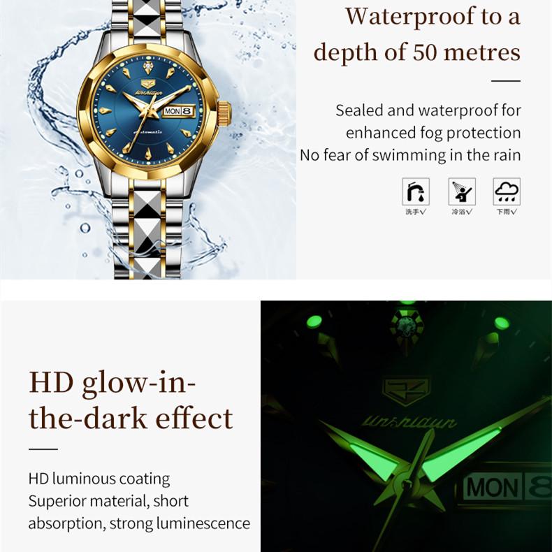 JINSHIDUN New Business and Leisure Ladies Watch Fully Automatic Mechanical Watch Tungsten Steel Double Calendar Luminous Waterproof High-end Watch
