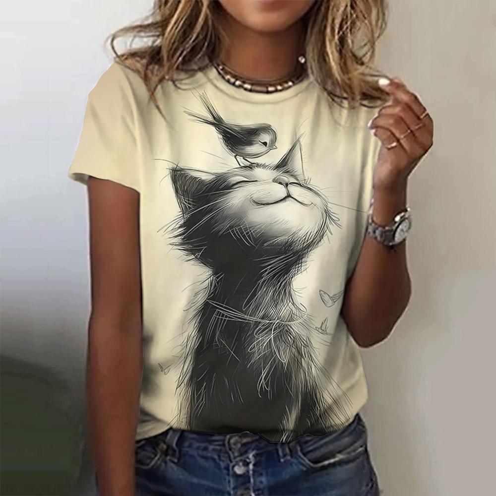 Lovely Cat Print Women O-Neck T-Shirts Kawaii Style Pullover Loose Short Sleeves Oversized Tee Shirt Summer Female Clothing 2024 EMA