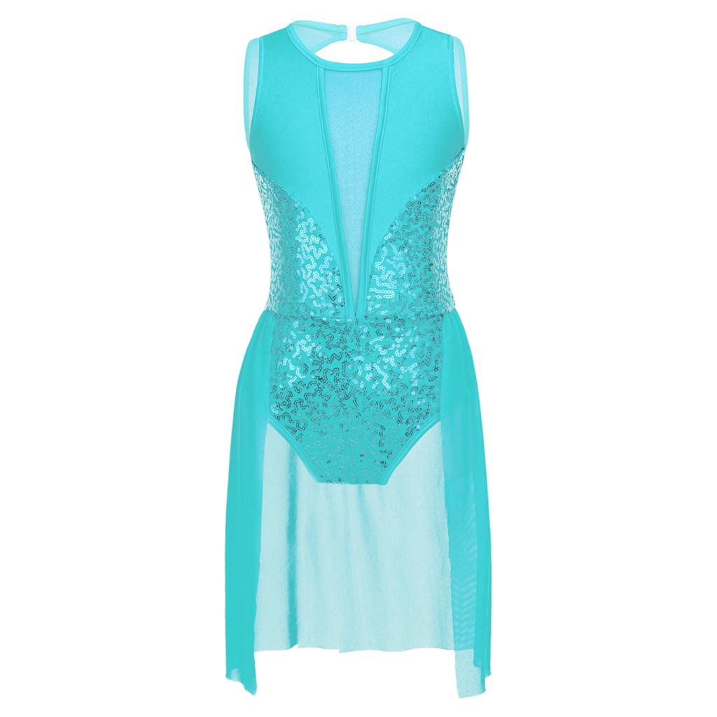 Kids Girls Ballet Tutu Leotard Dress Shiny Sequins Flowy Mesh Skirted Gymnastics Leotard Contemporary Lyrical Dance Costumes