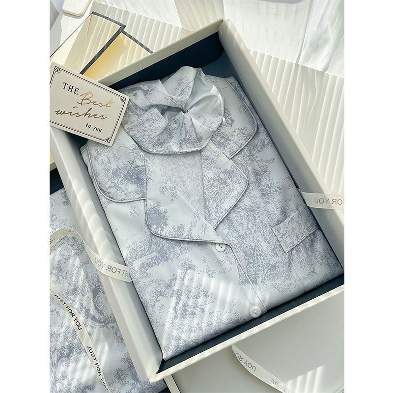 Women Pajamas Set Luxury Sleepwear Print Smooth Faux Silk Pajama Set Home Clothe Nightclothes Summer Outfits