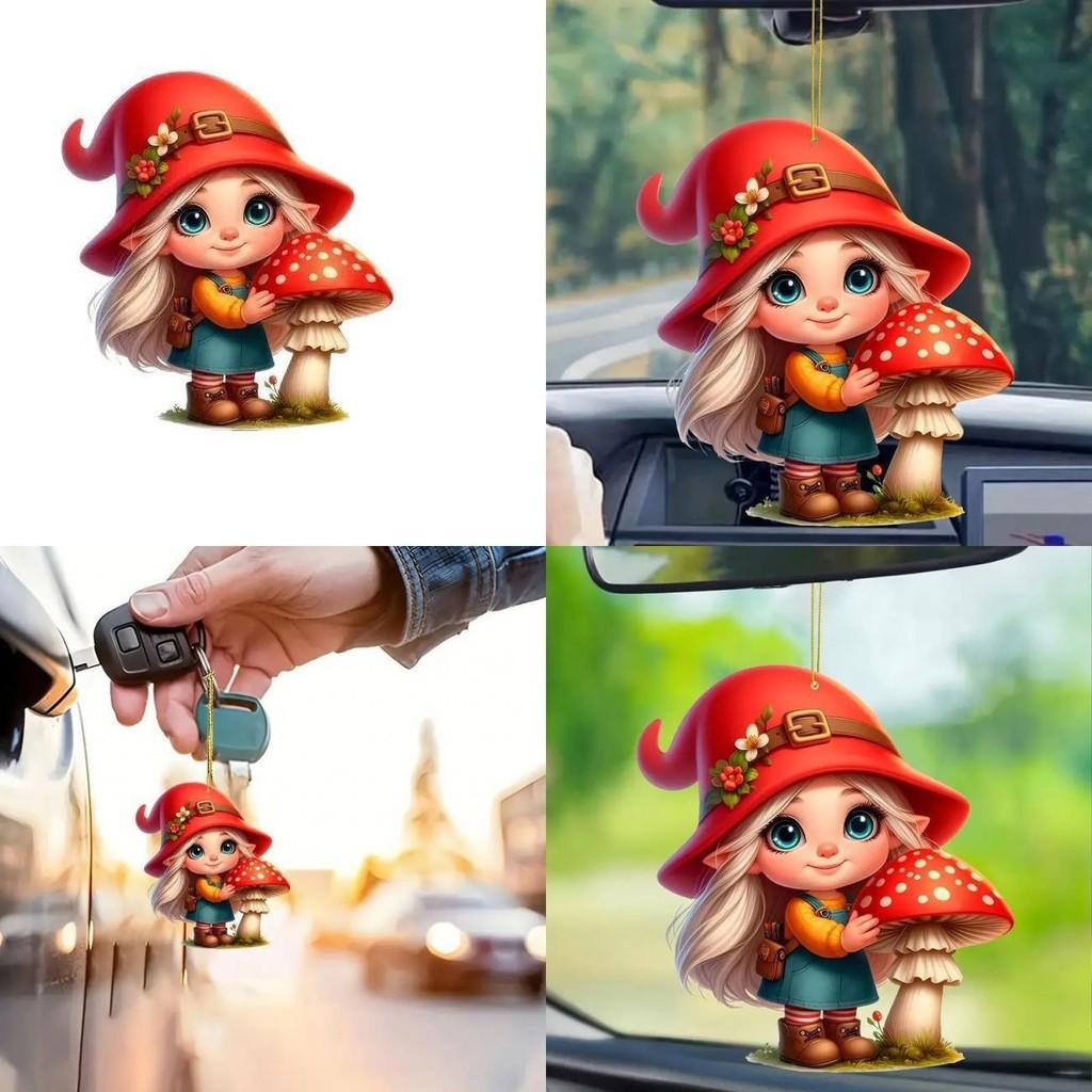 Little Car Acrylic Red Riding Mushroom Girl Keychain Pendant Vehicle Interior