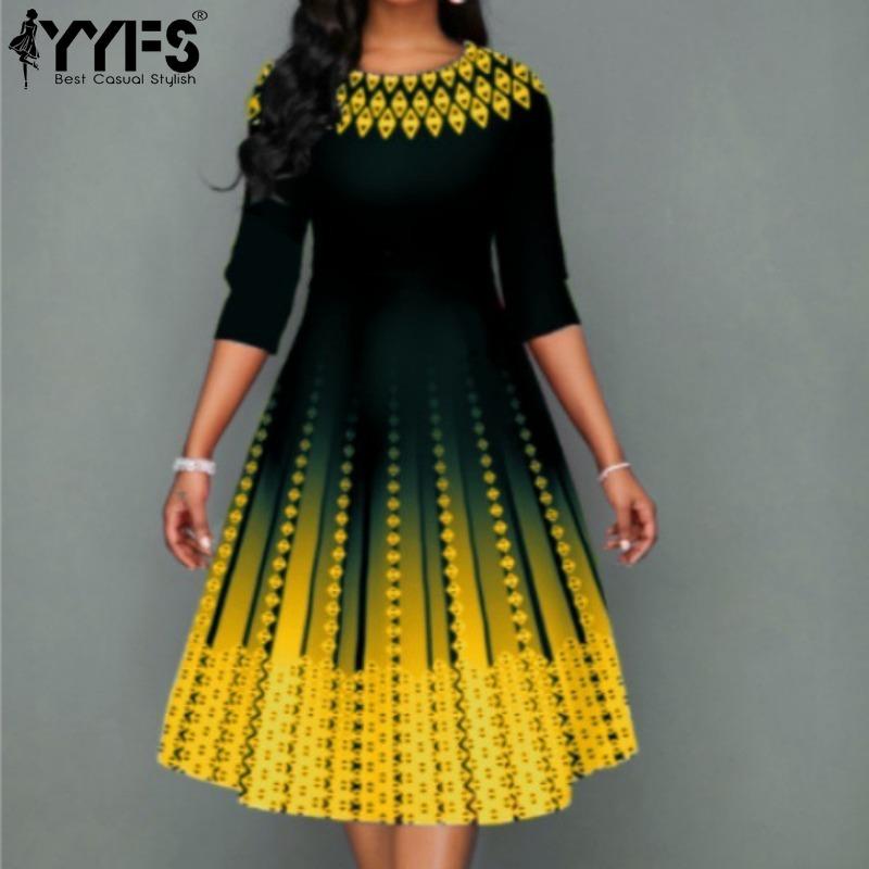 YYFS Women's Fashion Spring Autumn 1/2 Sleeves O-Neck Middle Waistline Casual Dresses