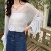 Long Sleeves Hollow Out Sweater Irregular Thin Design Women's Sun Protection Knitted Top V Neck Long Sleeves Loose and Lazy