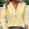 Spring Summer Women's Fashion Casual Solid Color Button V-neck Long Sleeve
