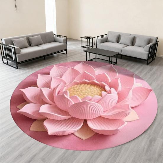 Yousheng Lotus Flower Floor Mat Round Living Room Rug Lotus Pattern Carpet with Non-Slip Backing for Home Office Bedroom Kitchen