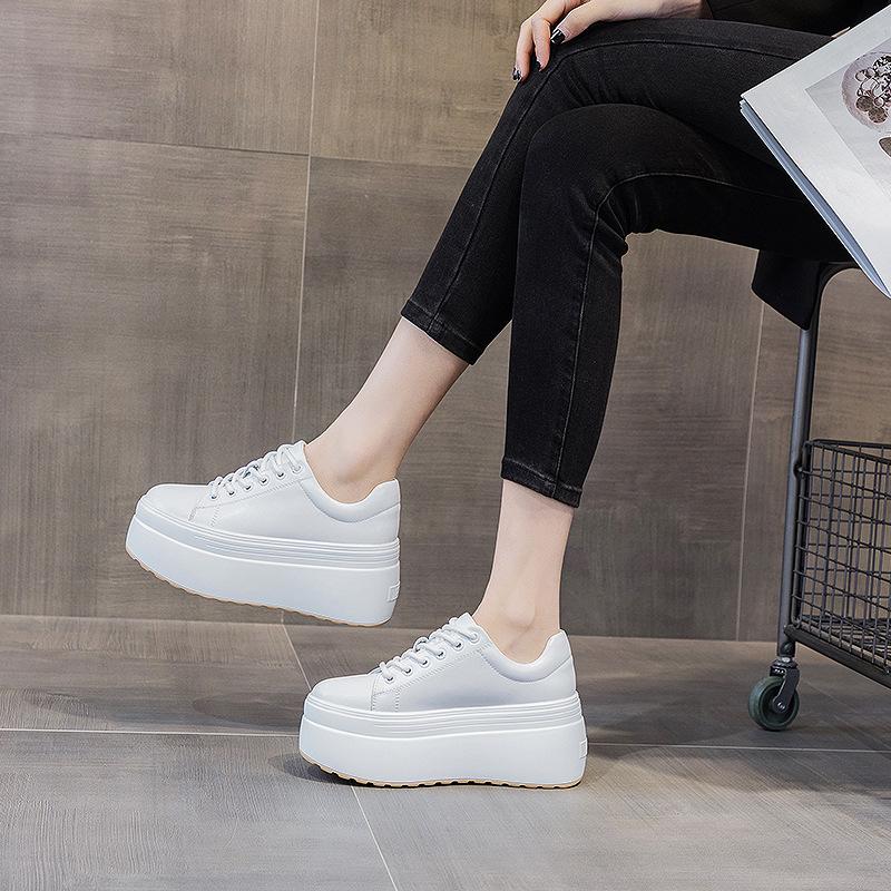 8CM Autumn Genuine Leather Women Casual Shoes Super Thick Platform Wedge Women Sneakers Chunky Shoes New Summer White Skateboard