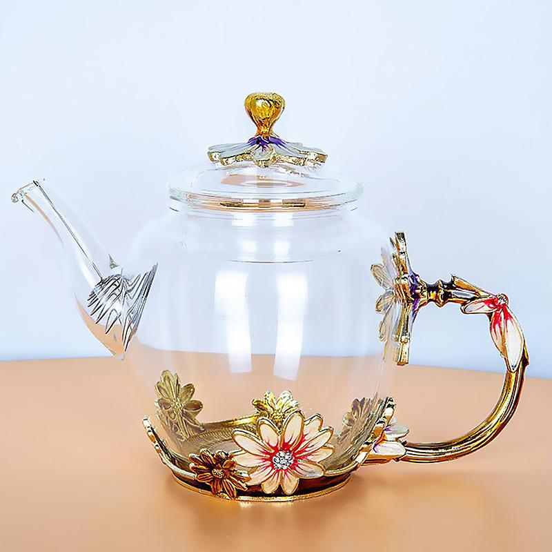 Creative Enamel Glass Household High Temperature Resistant Belt Handle Cold Kettle Crystal Glass Teapot Gift Box Set