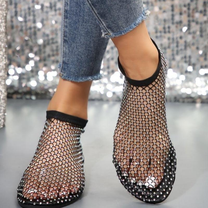 Summer New Large Size Round Head Sandals with Diamonds Short Boots Flat Bottom Hollow Sandals Women