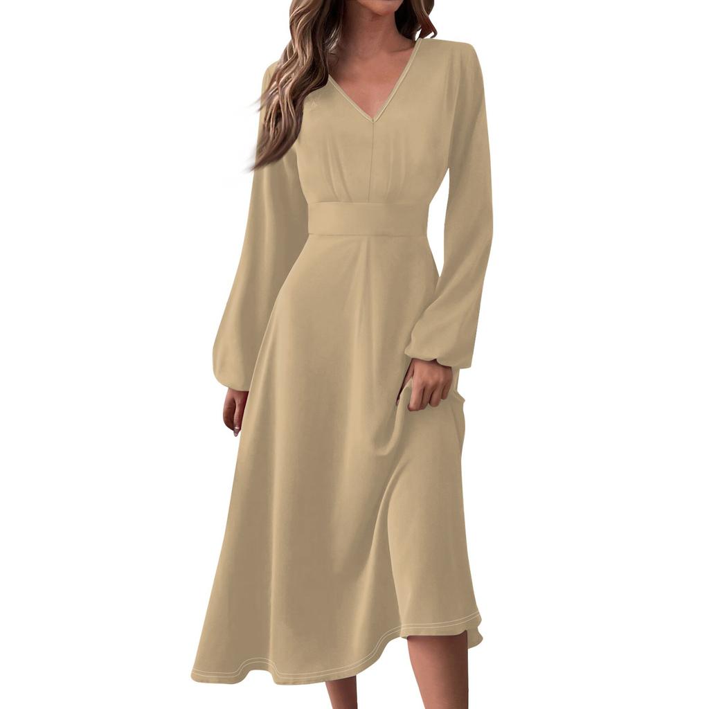 Women's Autumn And Winter Casual Fashion V-neck Long Sleeve Solid Color Long Dress