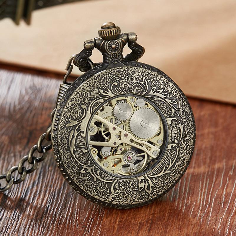 New Vintage Bronze Clamshell Automatic Mechanical Roman Numerals Pocket Watch for Men and Women Students